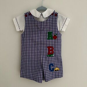 Gingham Jon Jon ABC Shortall with matching White Peter Pan Collar size 9 months